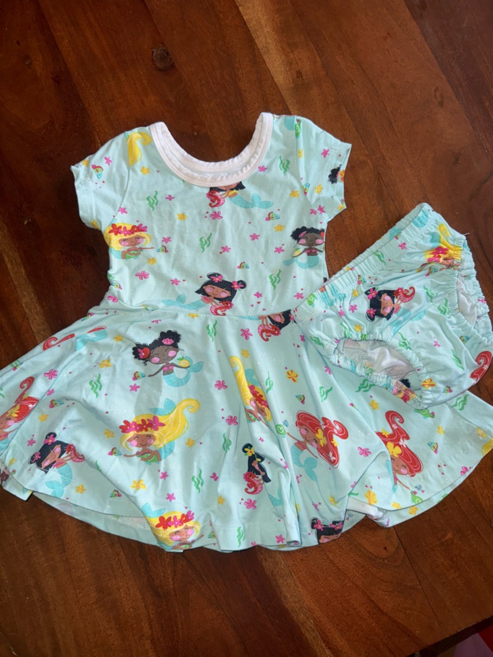 Coco Moon Aqua Mermaid Print Twirl Dress and Bloomers Set 0-6M